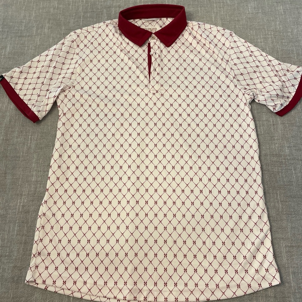 Swannies Burgundy and Cream Patterned Polo Shirt Medium